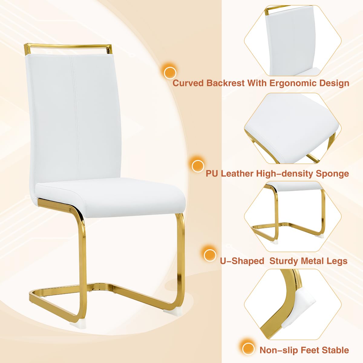 AZmac Modern Dining Table Set for 8 with Gold Metal Frame, 9-Piece Glass Dining Table with PU High Back Chairs for Kitchen Dining Room, Glass Table and 8 White Chairs