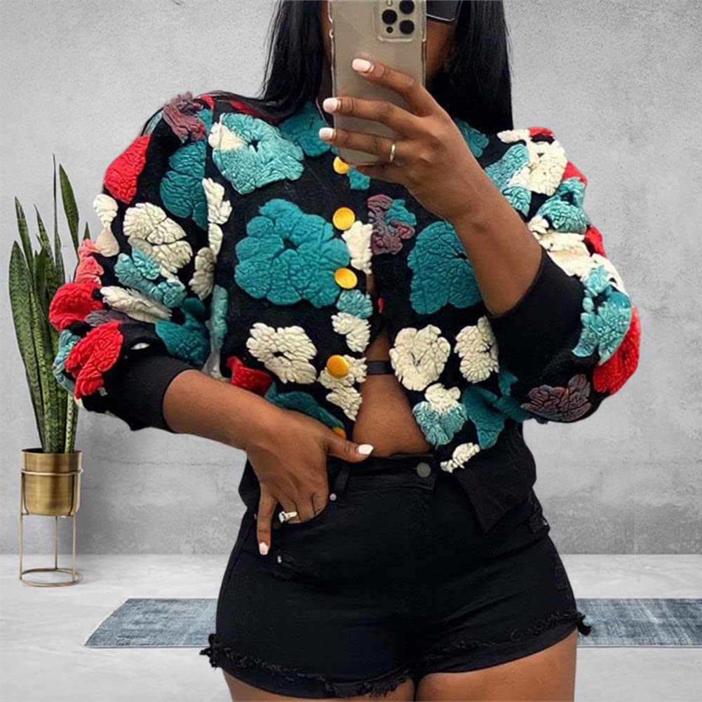 HOULENGS Women's Cropped Floral Print Fleece Bomber Jacket Casual Puff Sleeve Button Down Coats Winter Warm Outerwears