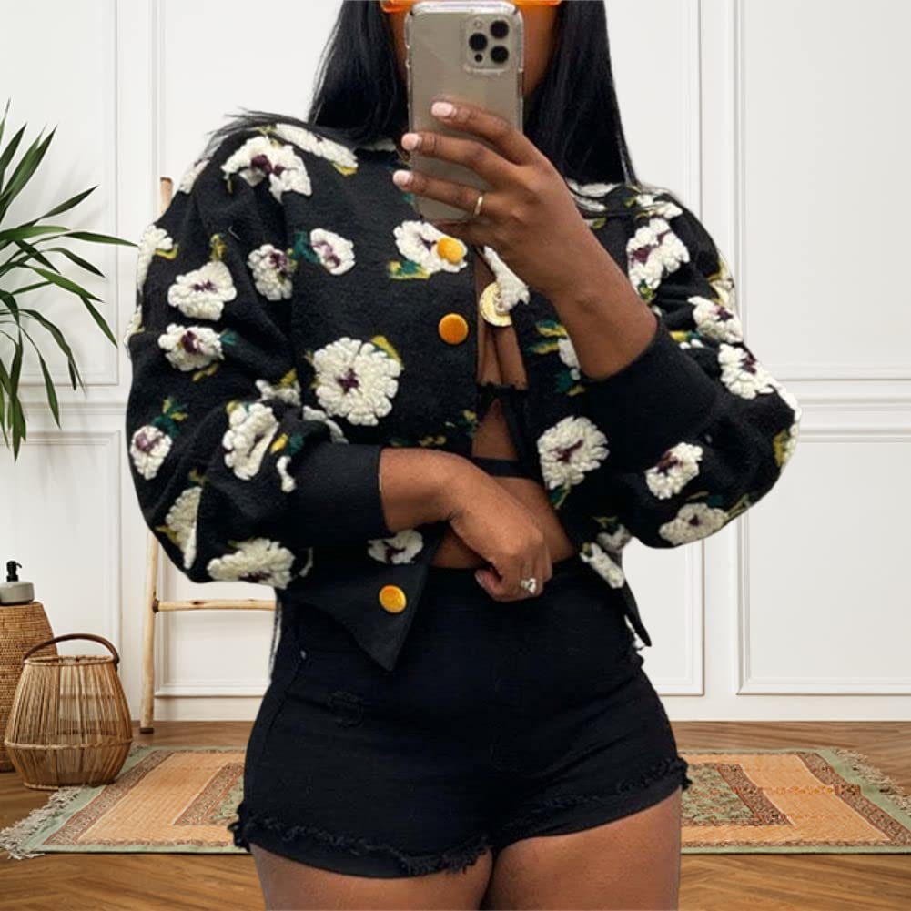 HOULENGS Women's Cropped Floral Print Fleece Bomber Jacket Casual Puff Sleeve Button Down Coats Winter Warm Outerwears