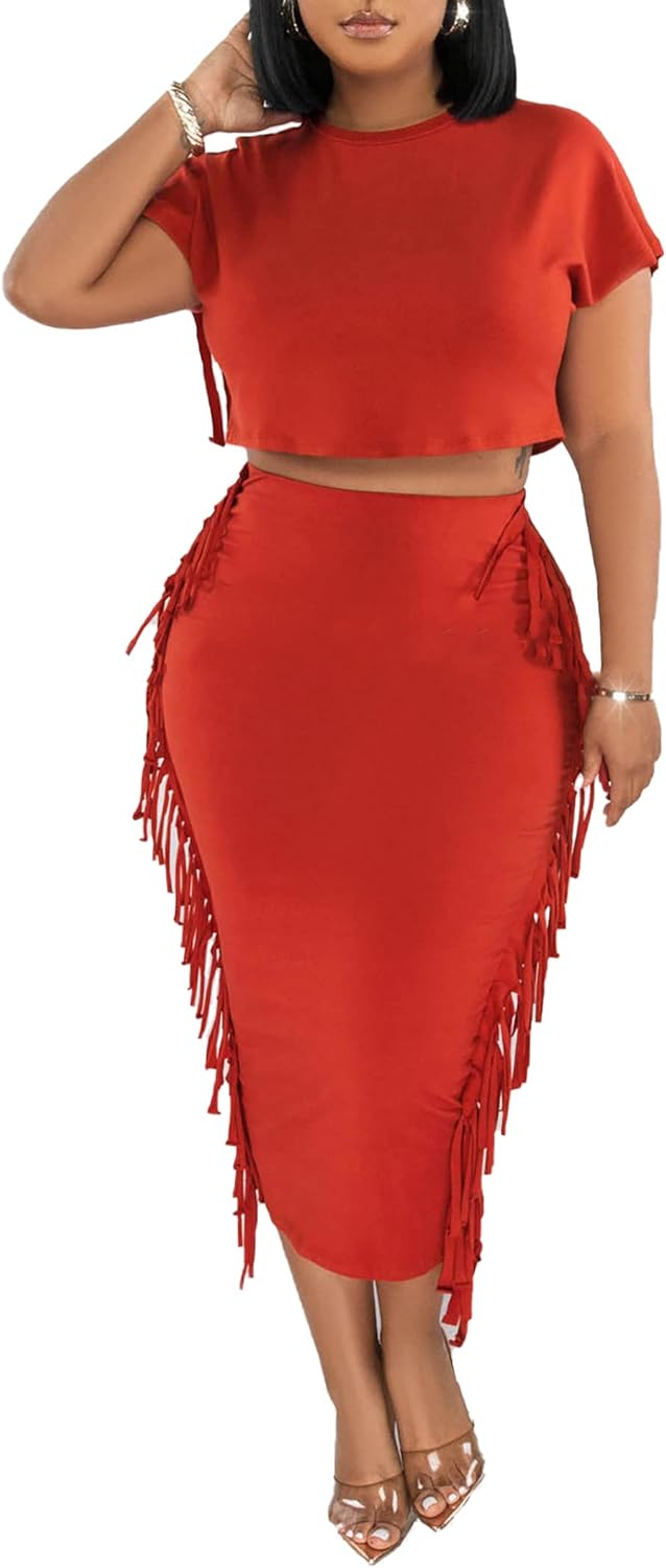 2 Piece Outfits for Women Sexy Crop Top Ruched Bodycon Maxi Dresses Fringe Skirt Sets Night Club Jumpsuits