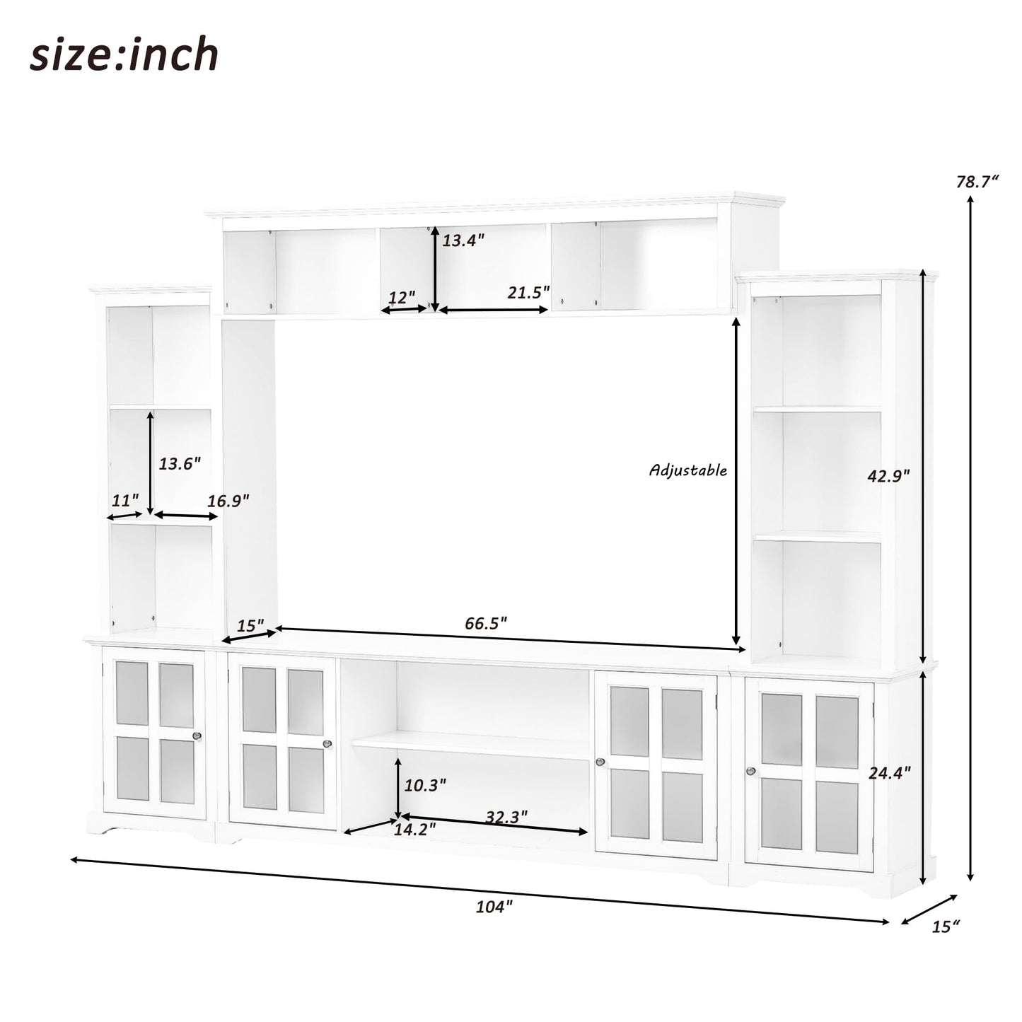 103" Minimalist Entertainment Center Wall Unit Set with Bridge for TVs Up to 75'',Ample Storage Space TV Stand W/Adjustable Shelves,Modernist Large Media Console for Living Room,White