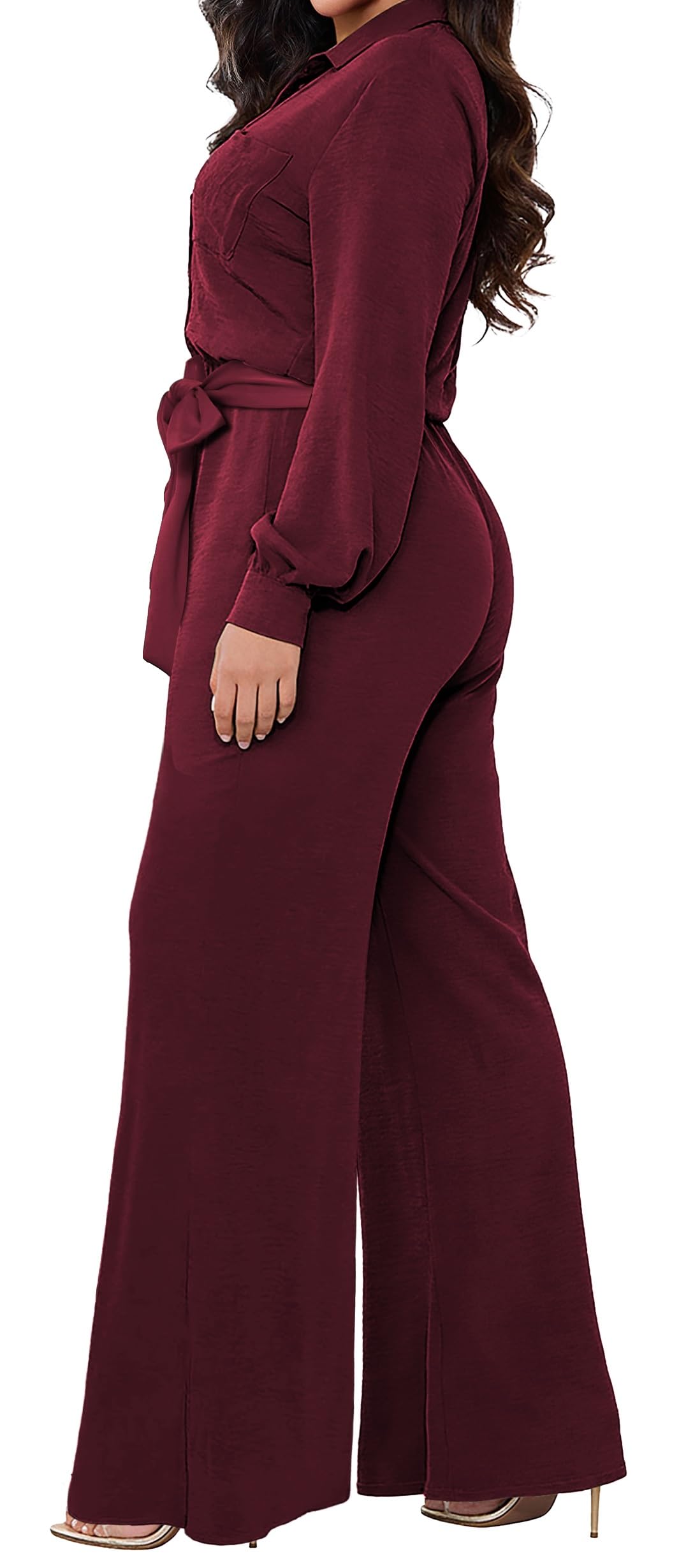 Women Jumpsuits For Elegant Sexy V Neck Long Sleeve Casual for Work Wide Leg Pants with Pockets Belt