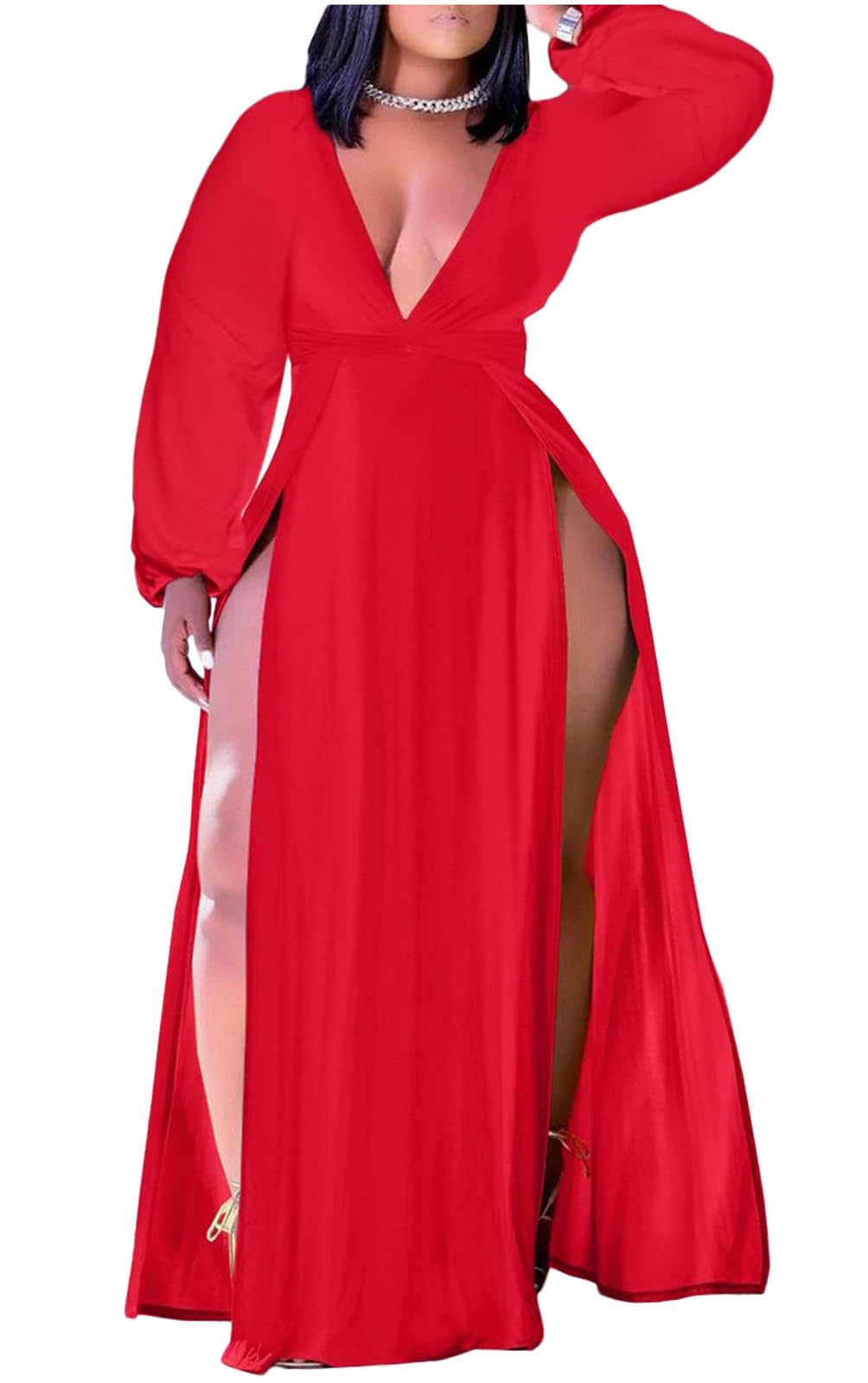 Women's Plus Size Maxi Wrap Dress Sleeveless Deep V Neck Split Dress