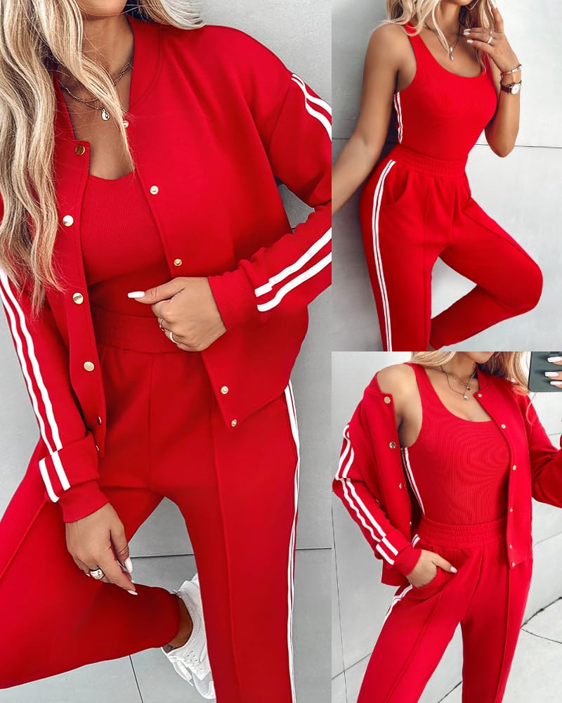 CHICME Women's Three Piece Outfits Striped Tape Patch Tank Tops Bomber Jacket with Sporty Pants Tracksuit Lounge Sets