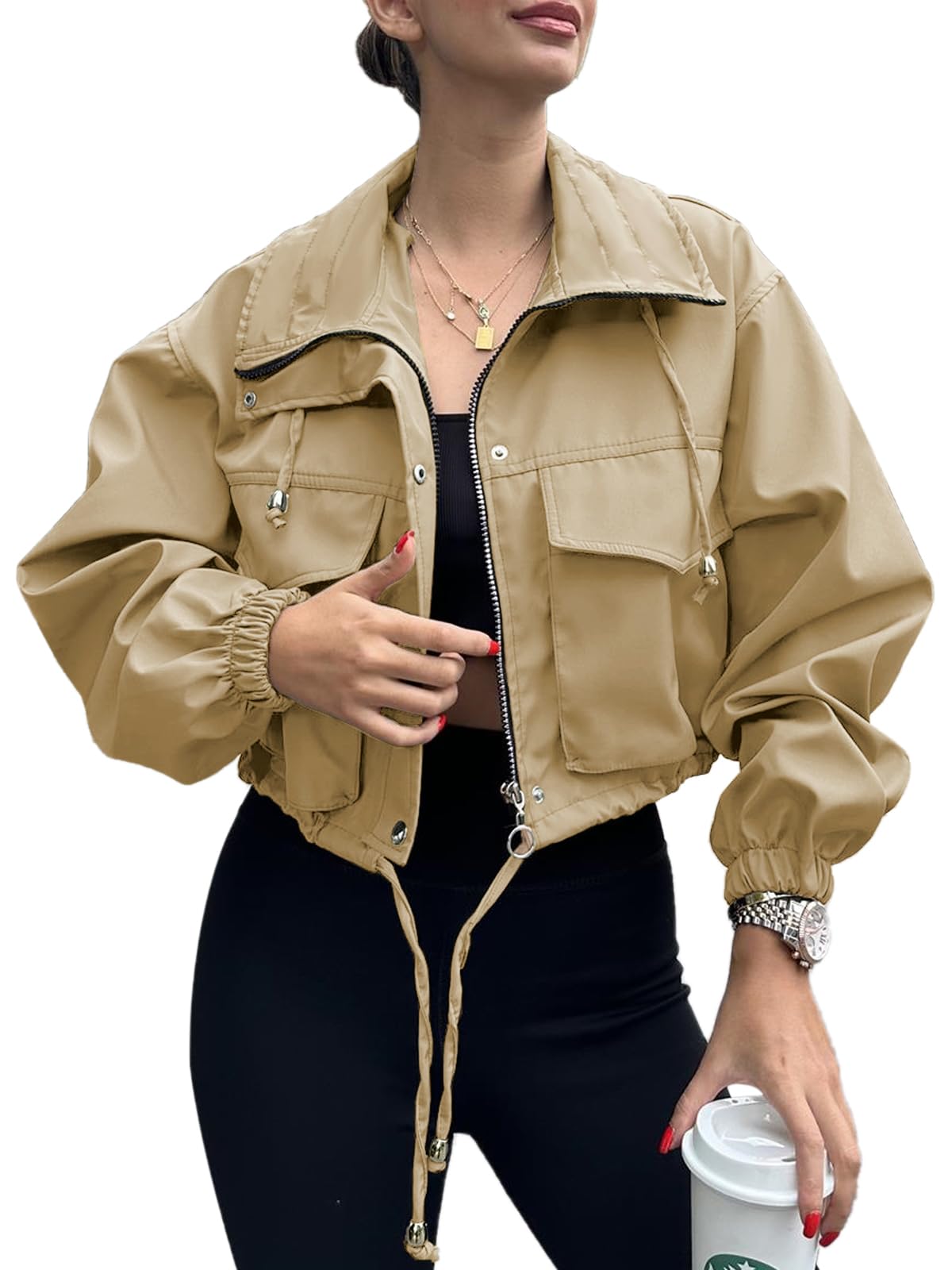 Tankaneo Womens Cropped Jacket Zip Up Lightweight Oversized Utility Anorak