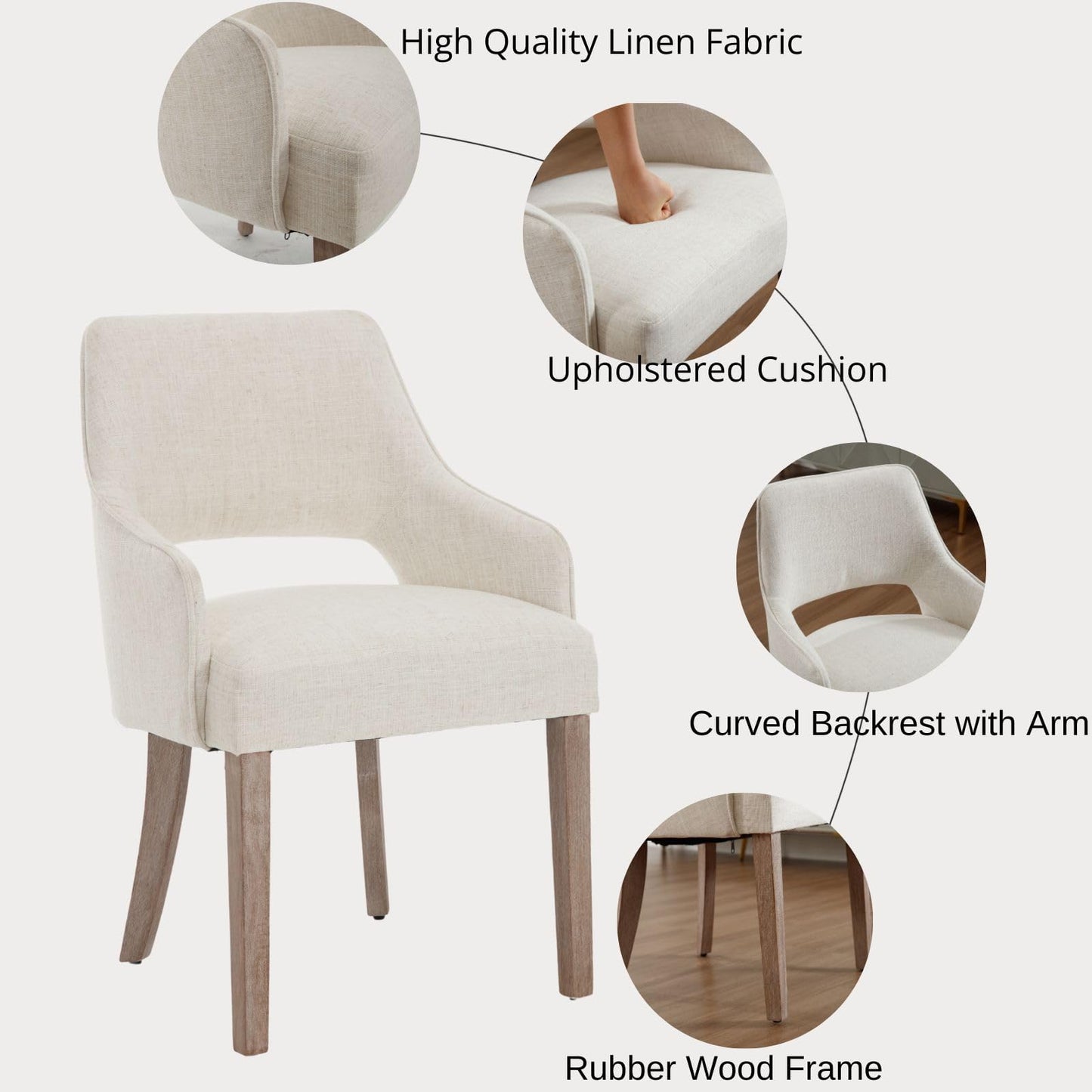 Linen Dining Chairs Set of 4 Upholstered Accent Chairs Side Chair with Wood Legs for Living Room/Dining Room/Bedroom/Restaurant, Cream