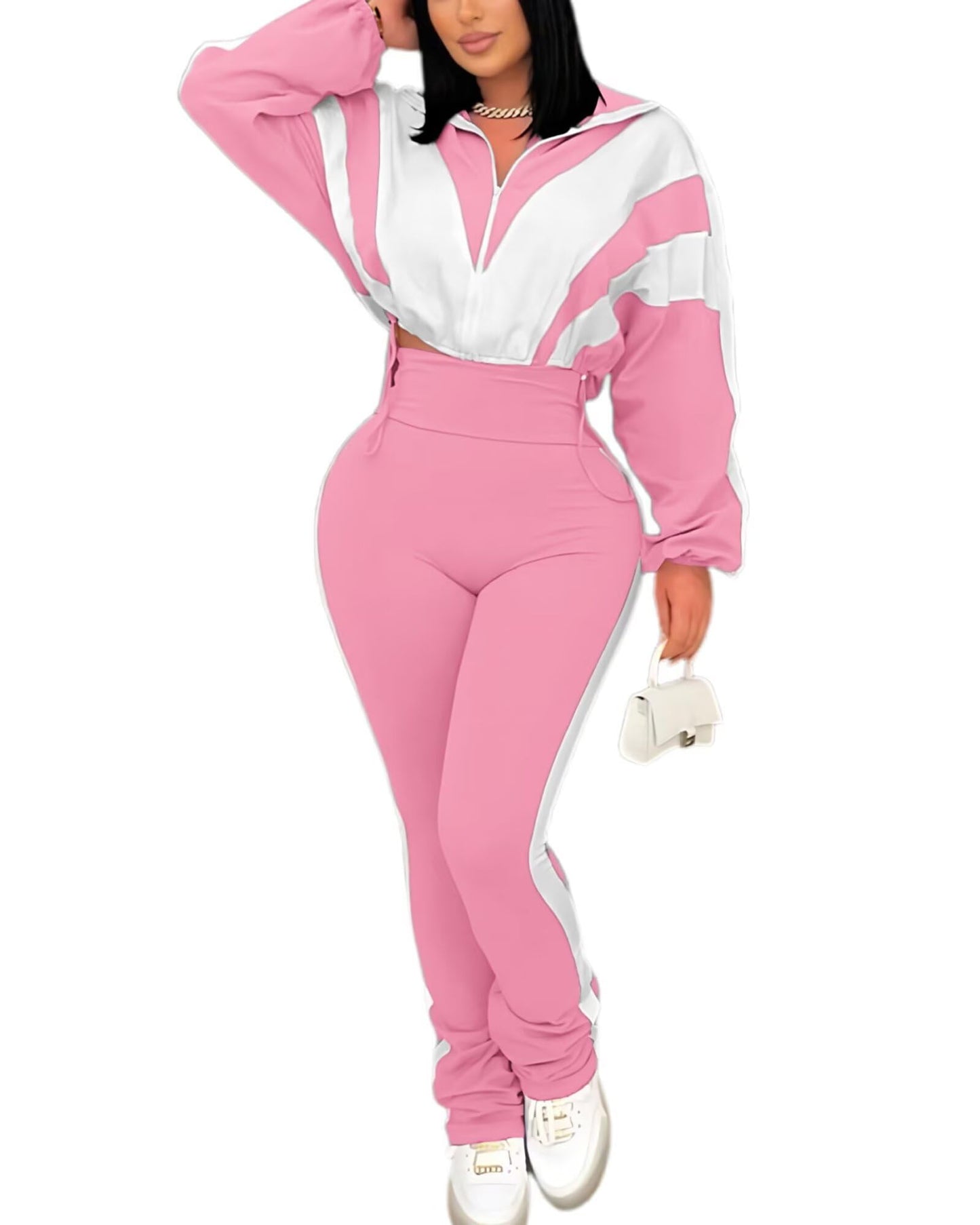 Remelon Womens 2 Piece Sweatsuits Color Block Long Sleeve Zipper Cropped Jacket Legging Pants Set Tracksuit Jogger Outfits