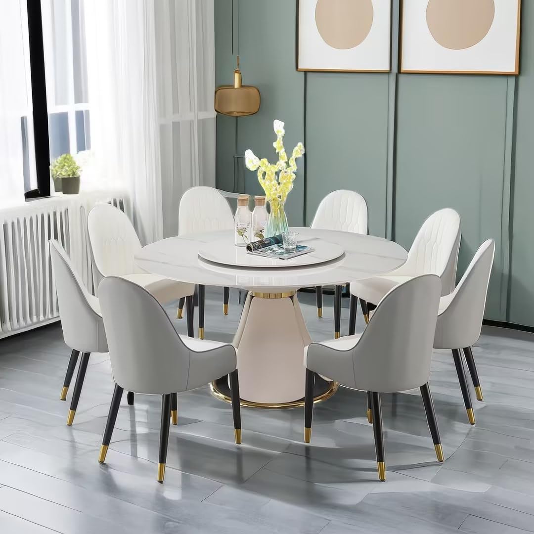 59" Round Dining Table Set for 8 with Lazy Susan Modern Sintered Stone 9 Pieces Dining Room Table Set with 8 Chairs and 31.5" Round Turntable