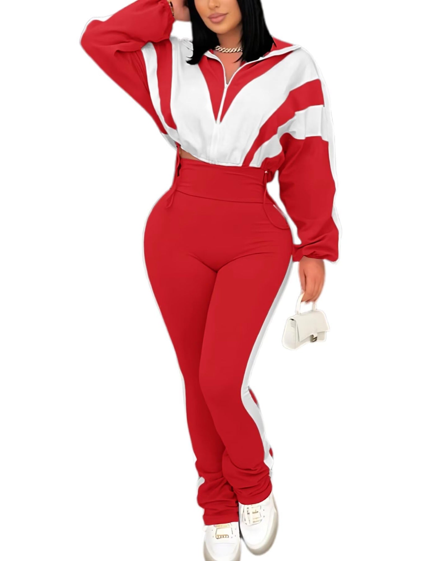 Remelon Womens 2 Piece Sweatsuits Color Block Long Sleeve Zipper Cropped Jacket Legging Pants Set Tracksuit Jogger Outfits
