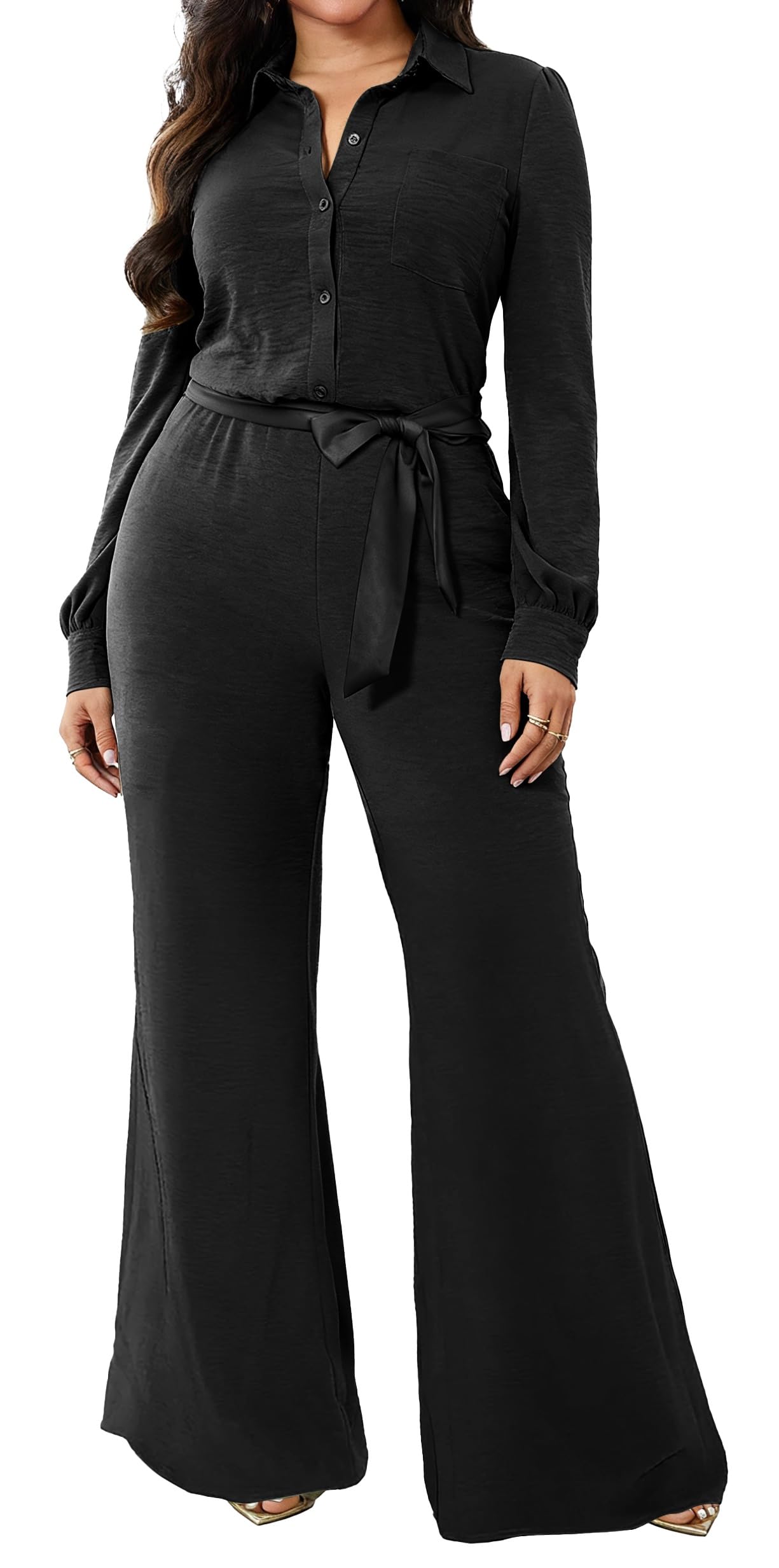 Women Jumpsuits For Elegant Sexy V Neck Long Sleeve Casual for Work Wide Leg Pants with Pockets Belt
