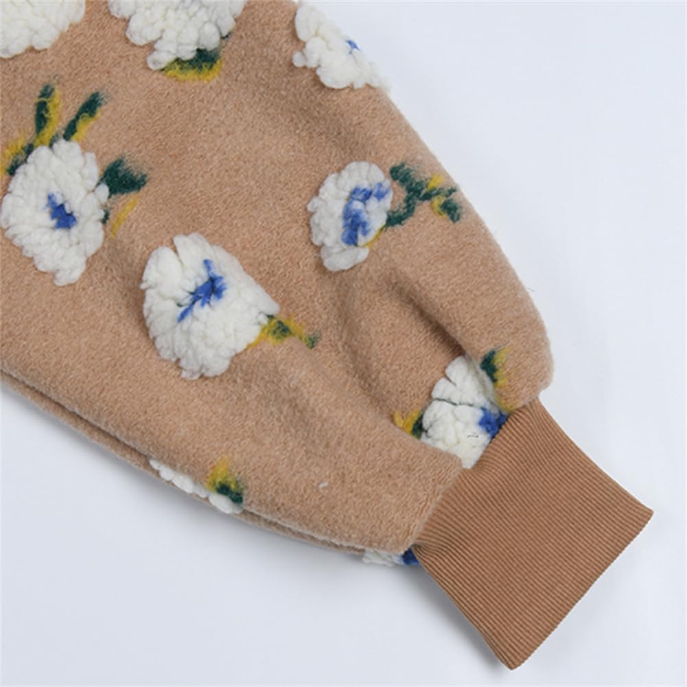 HOULENGS Women's Cropped Floral Print Fleece Bomber Jacket Casual Puff Sleeve Button Down Coats Winter Warm Outerwears