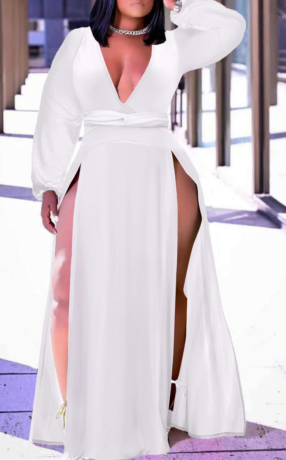 Women's Plus Size Maxi Wrap Dress Sleeveless Deep V Neck Split Dress