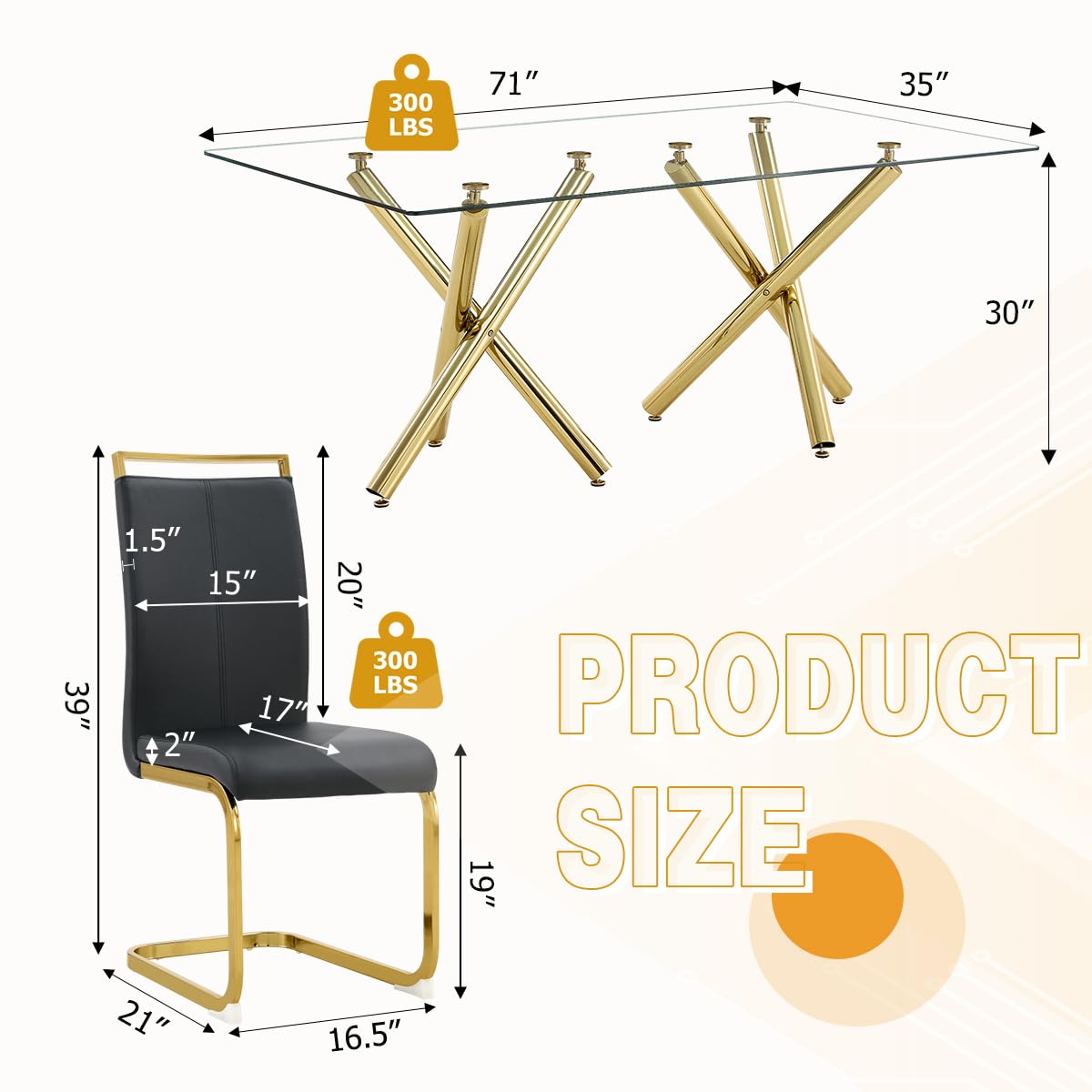 AZmac Modern Dining Table Set for 8 with Gold Metal Frame, 9-Piece Glass Dining Table with PU High Back Chairs for Kitchen Dining Room, Glass Table and 8 White Chairs
