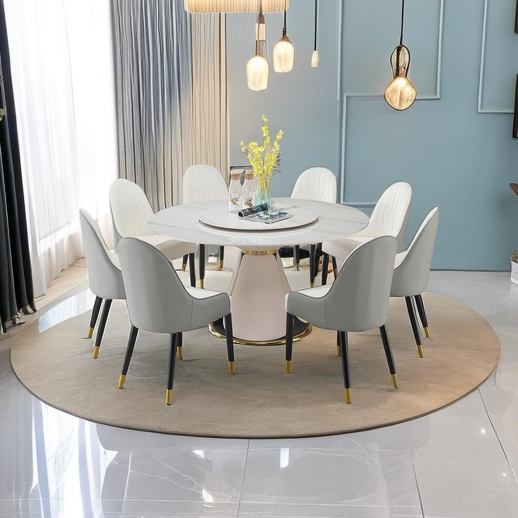 59" Round Dining Table Set for 8 with Lazy Susan Modern Sintered Stone 9 Pieces Dining Room Table Set with 8 Chairs and 31.5" Round Turntable
