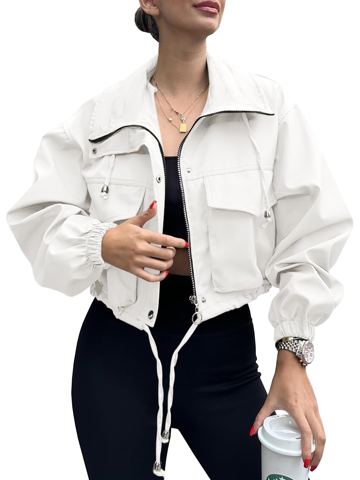 Tankaneo Womens Cropped Jacket Zip Up Lightweight Oversized Utility Anorak
