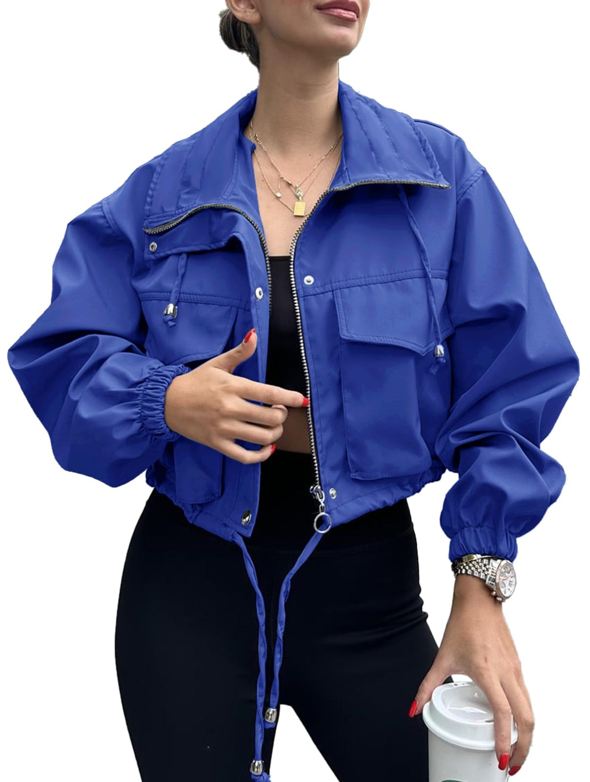 Tankaneo Womens Cropped Jacket Zip Up Lightweight Oversized Utility Anorak