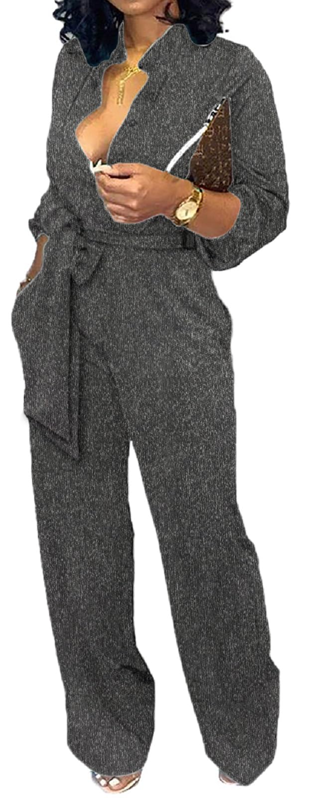 Women Jumpsuits For Elegant Sexy V Neck Long Sleeve Casual for Work Wide Leg Pants with Pockets Belt