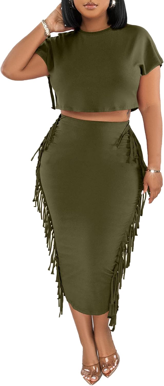 2 Piece Outfits for Women Sexy Crop Top Ruched Bodycon Maxi Dresses Fringe Skirt Sets Night Club Jumpsuits