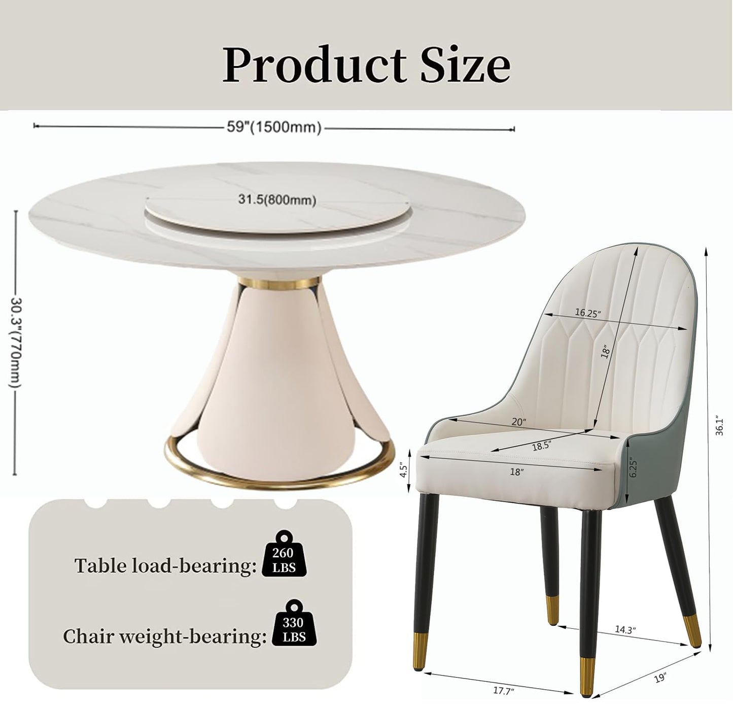 59" Round Dining Table Set for 8 with Lazy Susan Modern Sintered Stone 9 Pieces Dining Room Table Set with 8 Chairs and 31.5" Round Turntable