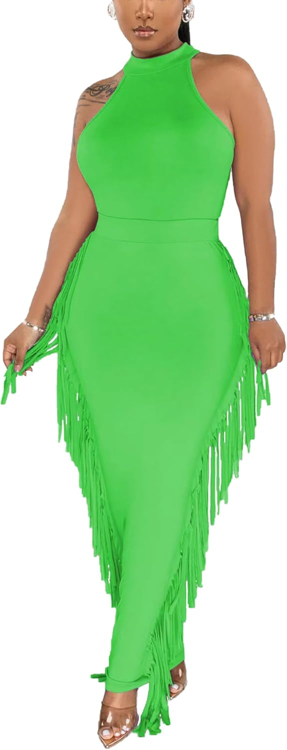 2 Piece Outfits for Women Sexy Crop Top Ruched Bodycon Maxi Dresses Fringe Skirt Sets Night Club Jumpsuits