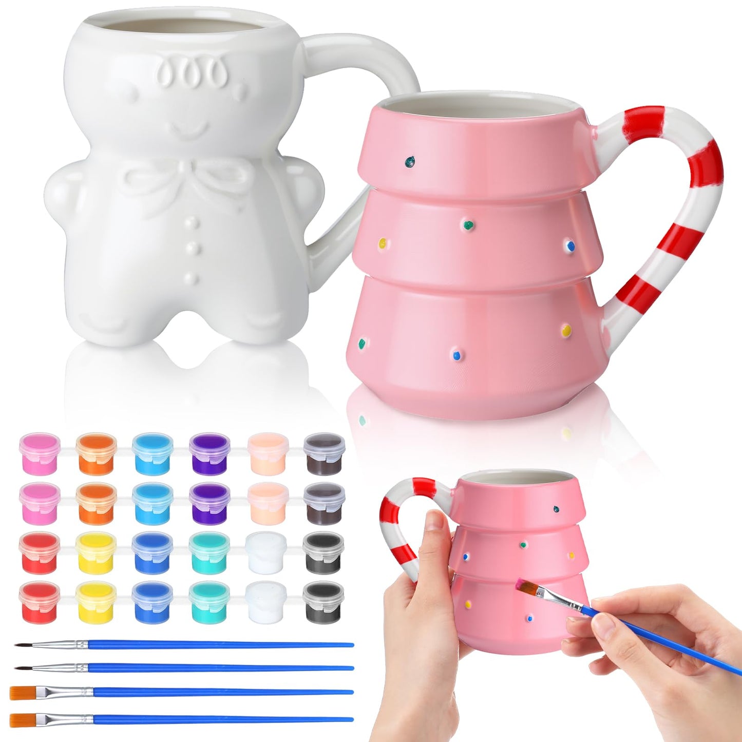 Vesici 4 Sets Paint Your Own Christmas Mugs Kits with 12 Color Paints Brush Instruction Manual Ceramic Gingerbread Man Christmas Tree Mugs Xmas DIY Painted Cup Winter Holiday Gift Art Favor