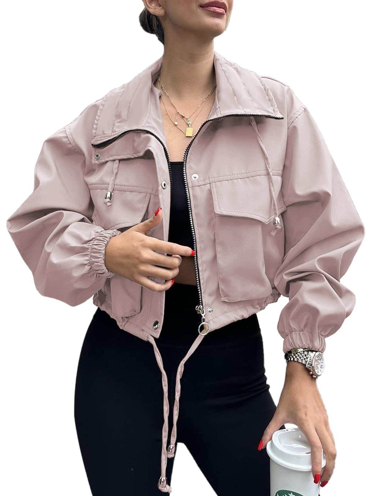 Tankaneo Womens Cropped Jacket Zip Up Lightweight Oversized Utility Anorak