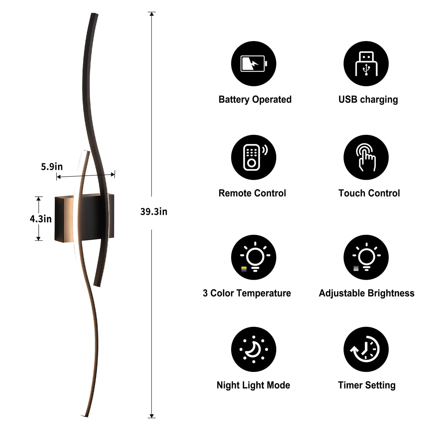 Battery Operated Wall Sconces Set of Two with Remote Control, Dimmable/3 Color/Night-Light/Timer/Memory, Black Modern Wireless LED Sconce for Living Room, Hallway, Bedroom, 39.3 Inch (2 Pack)