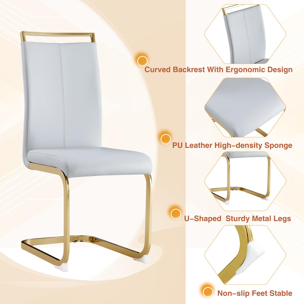 AZmac Modern Dining Table Set for 8 with Gold Metal Frame, 9-Piece Glass Dining Table with PU High Back Chairs for Kitchen Dining Room, Glass Table and 8 White Chairs