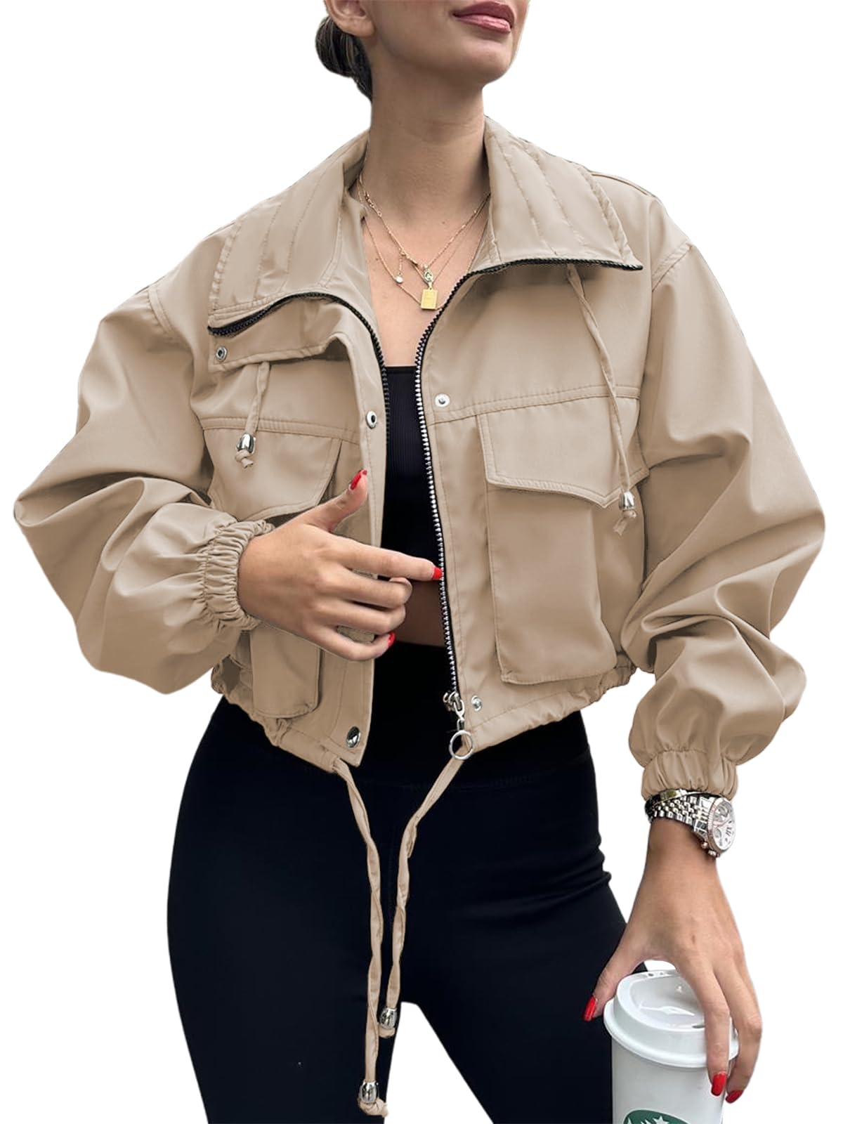 Tankaneo Womens Cropped Jacket Zip Up Lightweight Oversized Utility Anorak
