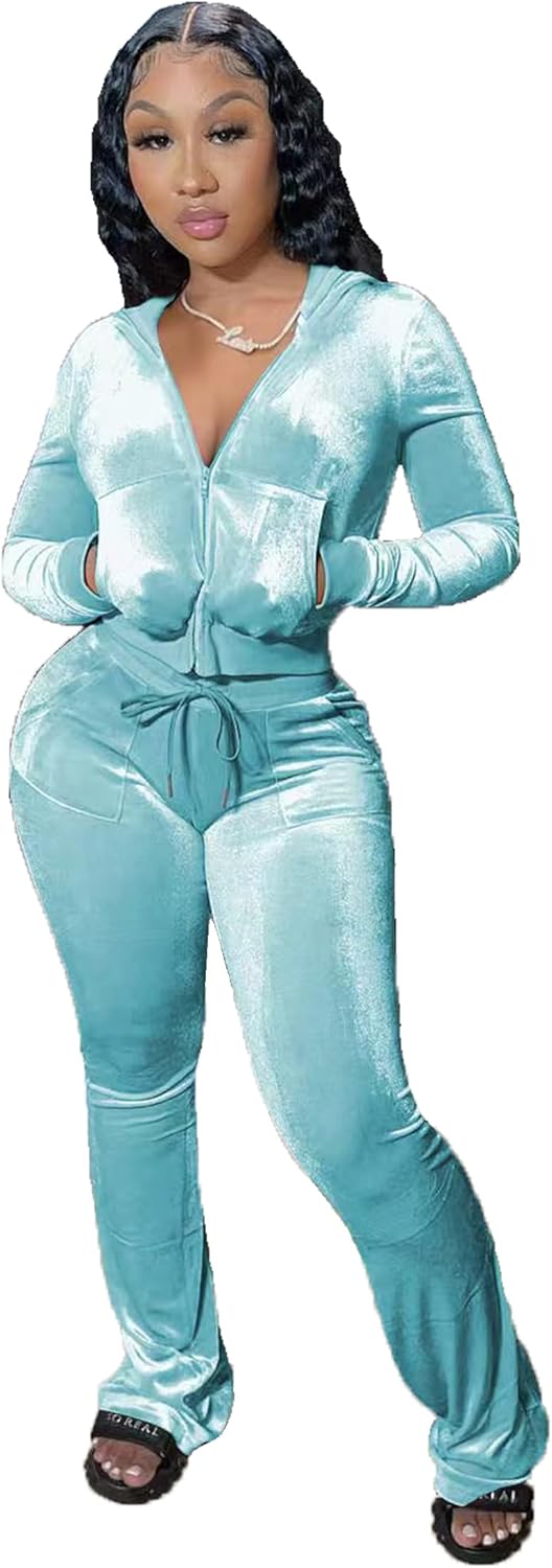 yidengymx Womens 2 Piece Velour Tracksuit Two Piece Outfits for Women Long Sleeve Zip Up Crop Tops Sweatpants Sets Pockets