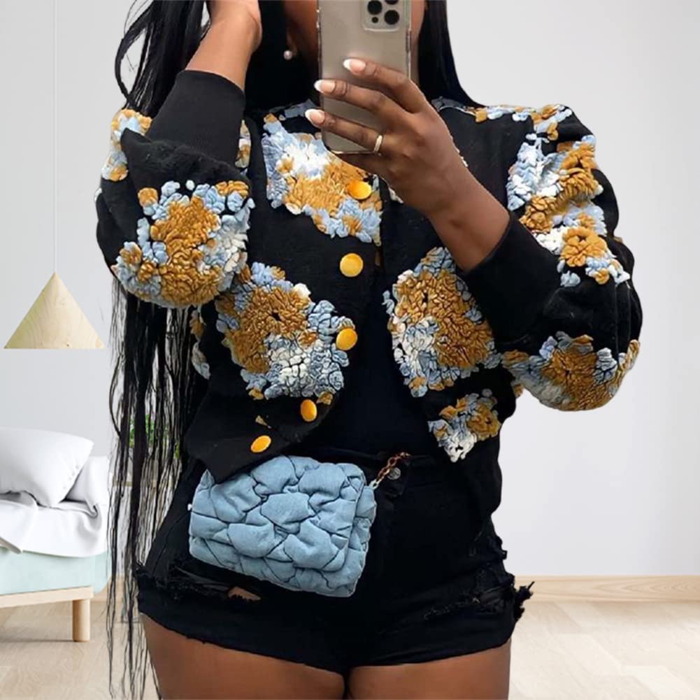 HOULENGS Women's Cropped Floral Print Fleece Bomber Jacket Casual Puff Sleeve Button Down Coats Winter Warm Outerwears