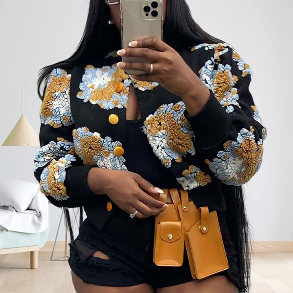 HOULENGS Women's Cropped Floral Print Fleece Bomber Jacket Casual Puff Sleeve Button Down Coats Winter Warm Outerwears