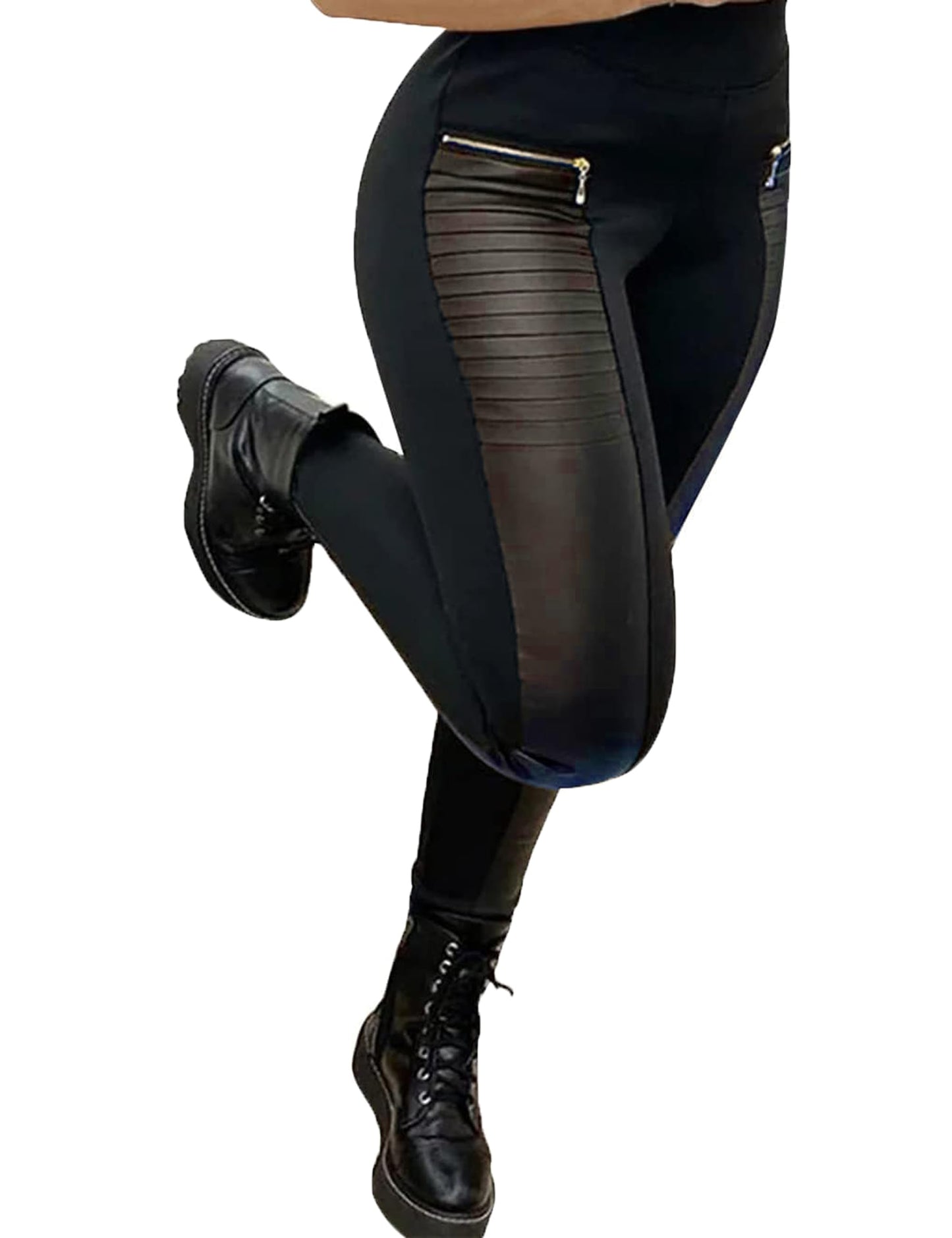 Faux Leather Leggings for Women Pleather Pant Elastic Mid Waisted Stretchy Patch Zip Tights