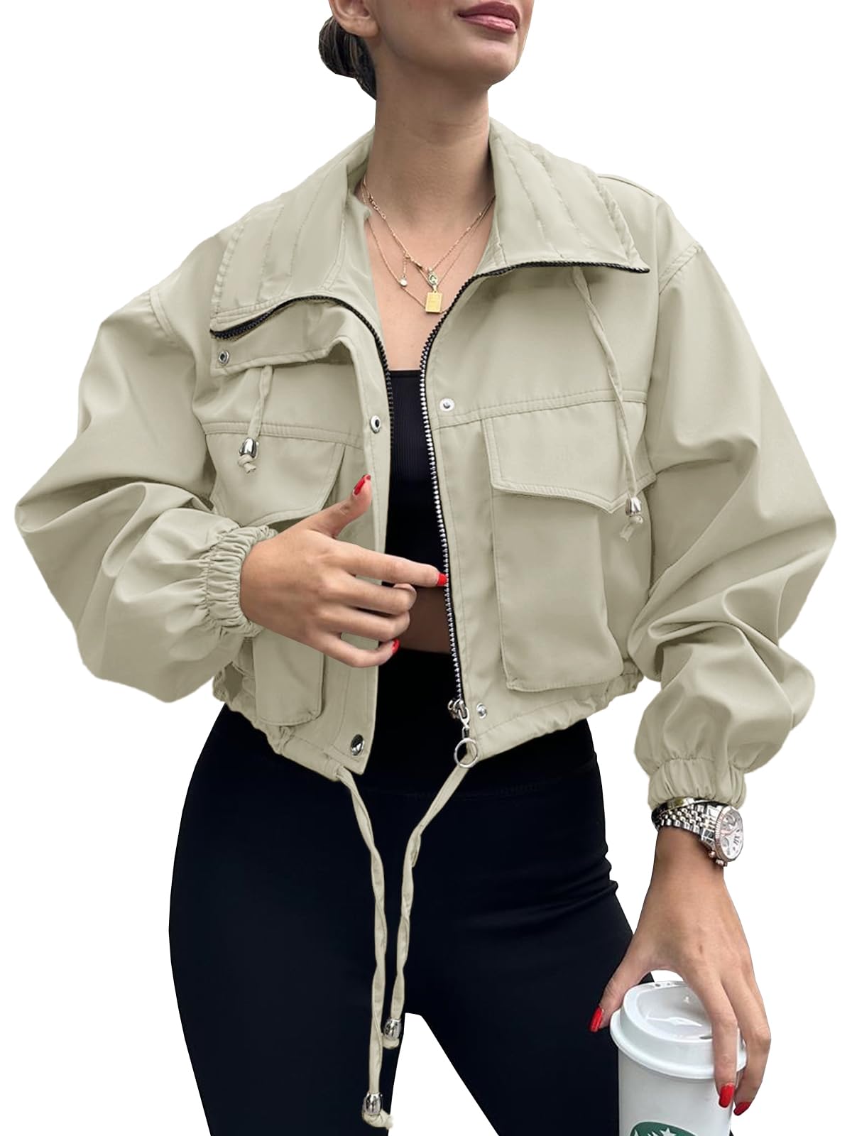 Tankaneo Womens Cropped Jacket Zip Up Lightweight Oversized Utility Anorak