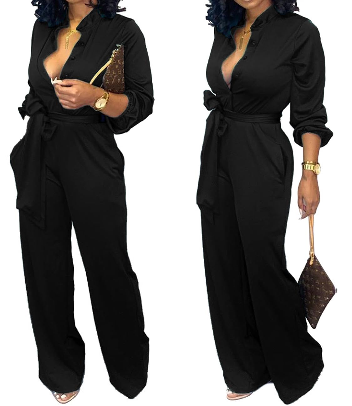 Women Jumpsuits For Elegant Sexy V Neck Long Sleeve Casual for Work Wide Leg Pants with Pockets Belt