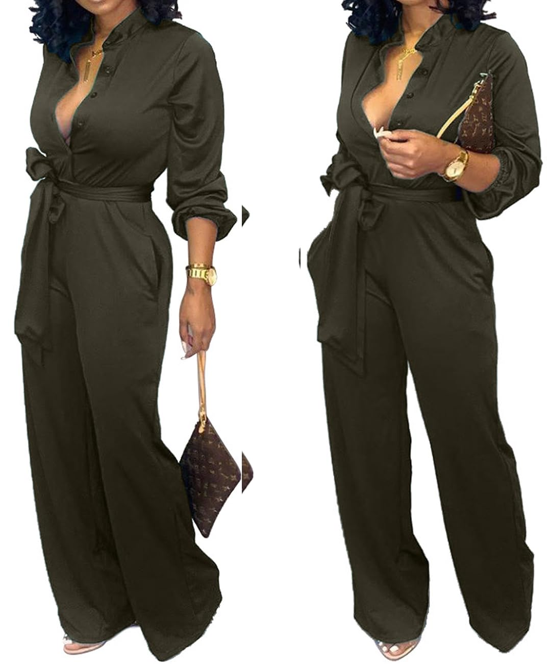 Women Jumpsuits For Elegant Sexy V Neck Long Sleeve Casual for Work Wide Leg Pants with Pockets Belt