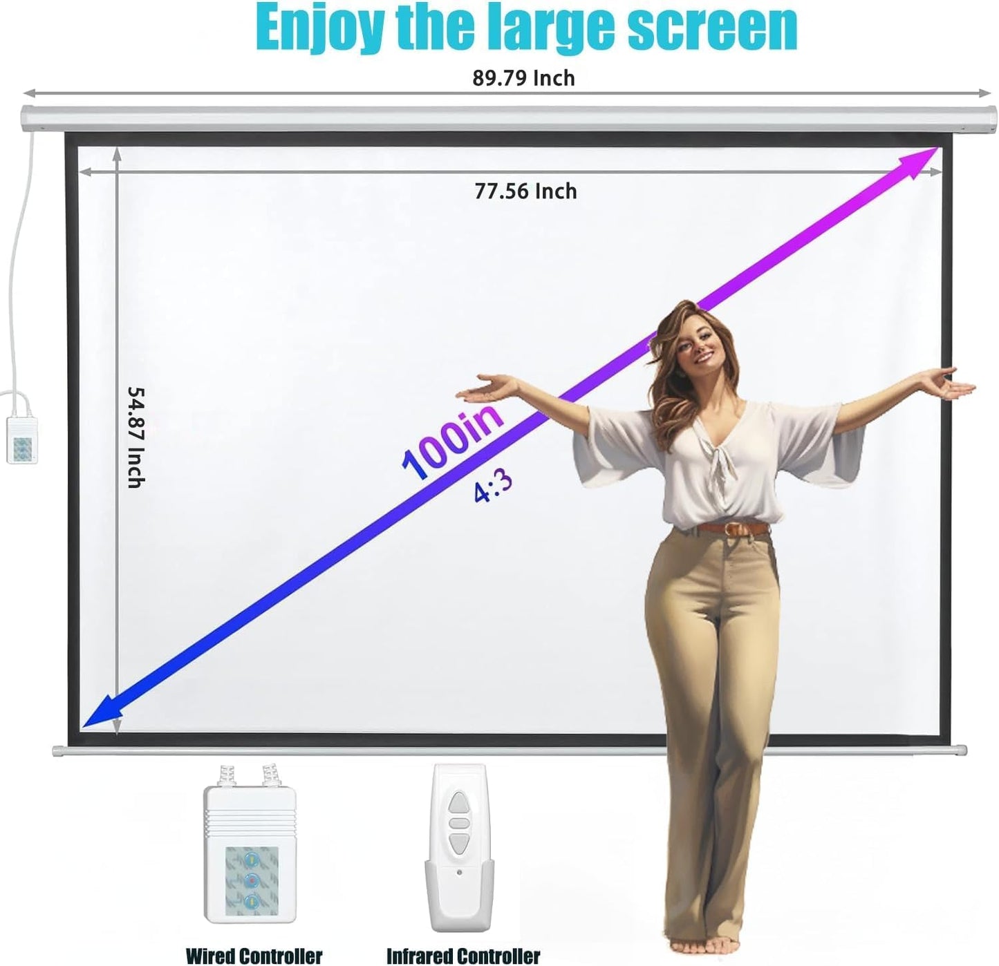 110" Motorized Projector Screen, Electric 16:9 Projector Screen with Remote Control, Indoor/Outdoor HD Movie Screen, Wall/Ceiling Mounted, Perfect for Home Office Theater TV, White