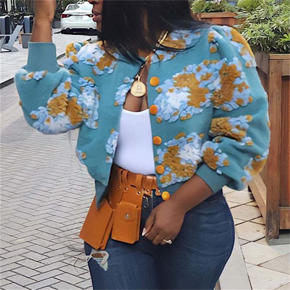 HOULENGS Women's Cropped Floral Print Fleece Bomber Jacket Casual Puff Sleeve Button Down Coats Winter Warm Outerwears
