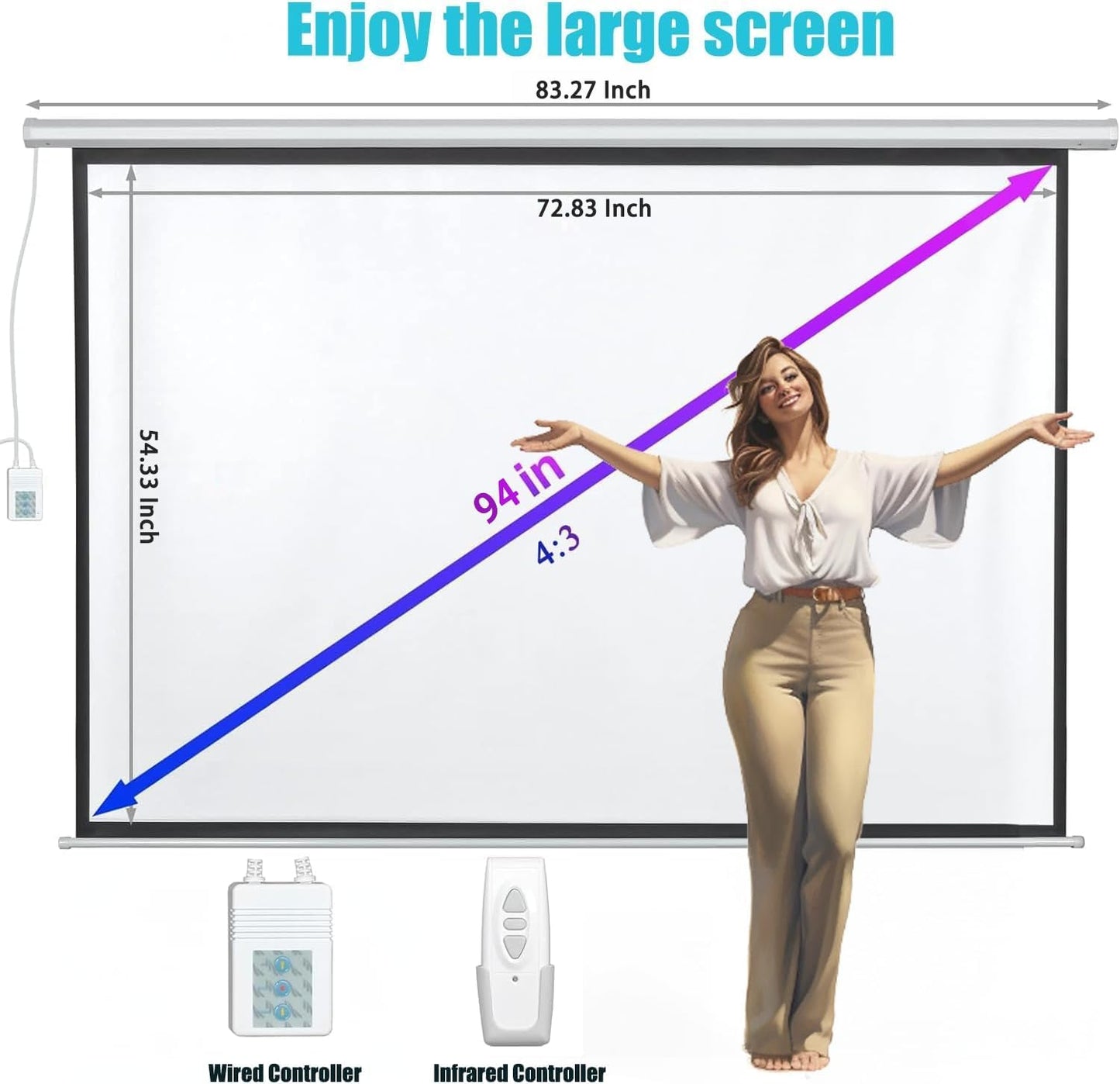 110" Motorized Projector Screen, Electric 16:9 Projector Screen with Remote Control, Indoor/Outdoor HD Movie Screen, Wall/Ceiling Mounted, Perfect for Home Office Theater TV, White