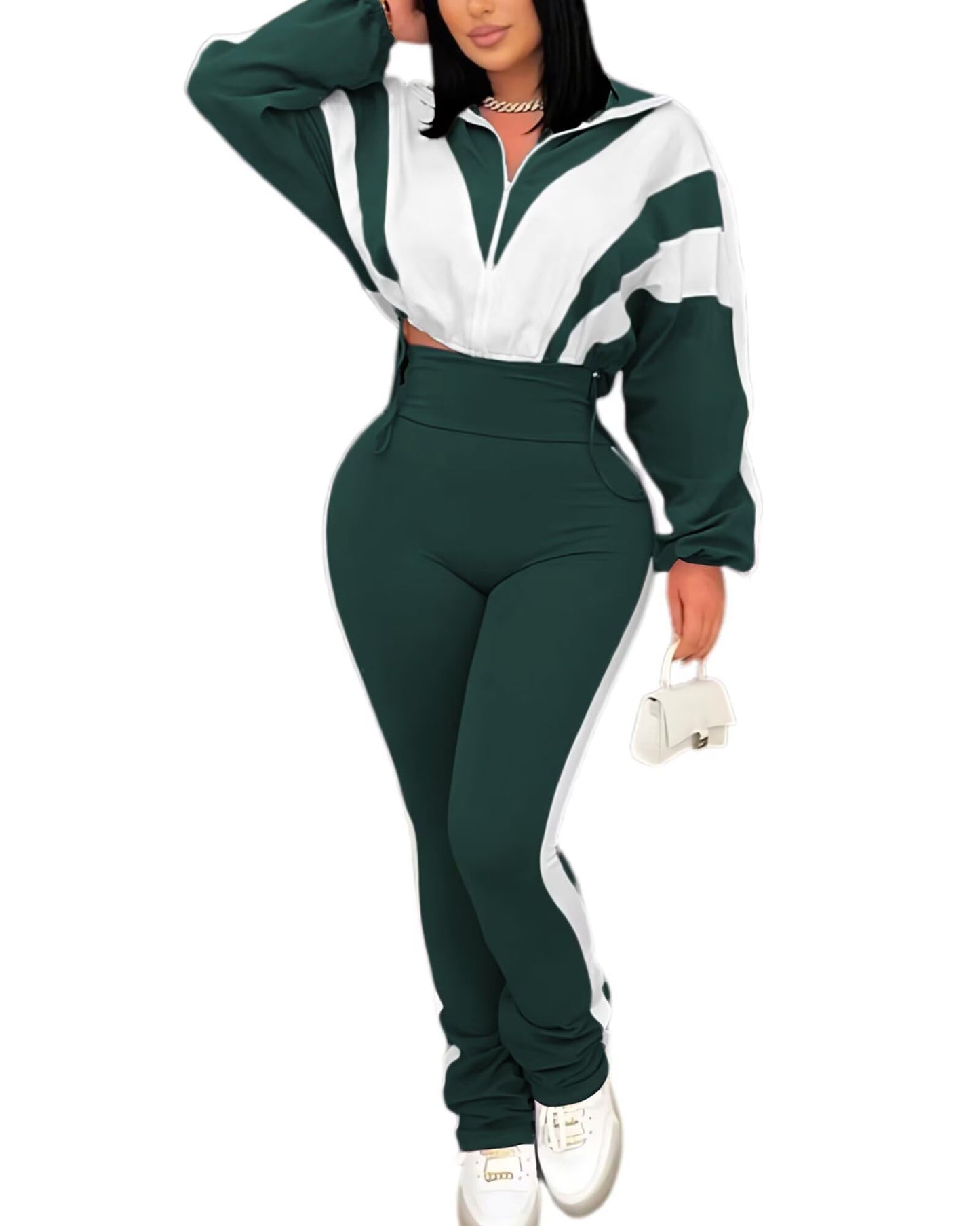 Remelon Womens 2 Piece Sweatsuits Color Block Long Sleeve Zipper Cropped Jacket Legging Pants Set Tracksuit Jogger Outfits