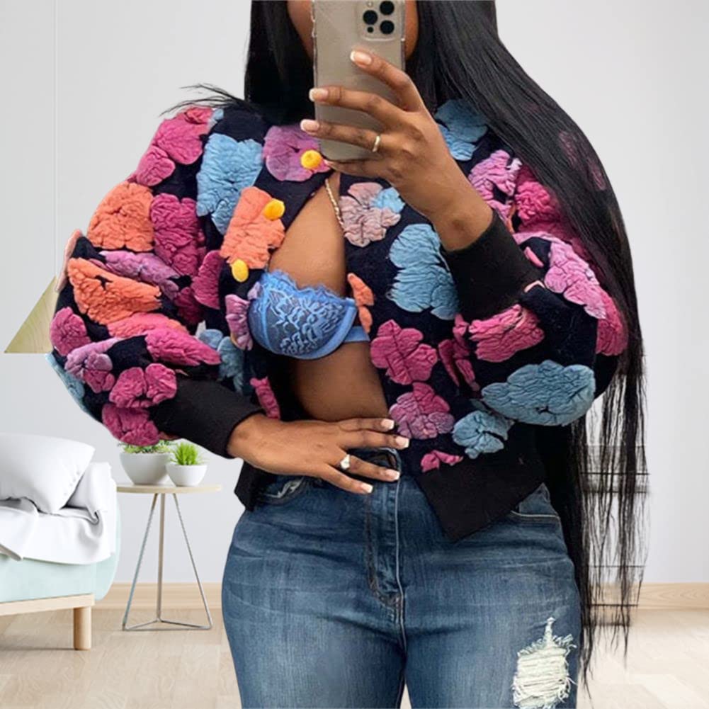 HOULENGS Women's Cropped Floral Print Fleece Bomber Jacket Casual Puff Sleeve Button Down Coats Winter Warm Outerwears