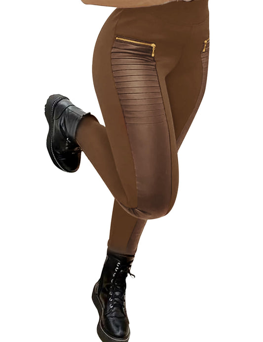 Faux Leather Leggings for Women Pleather Pant Elastic Mid Waisted Stretchy Patch Zip Tights