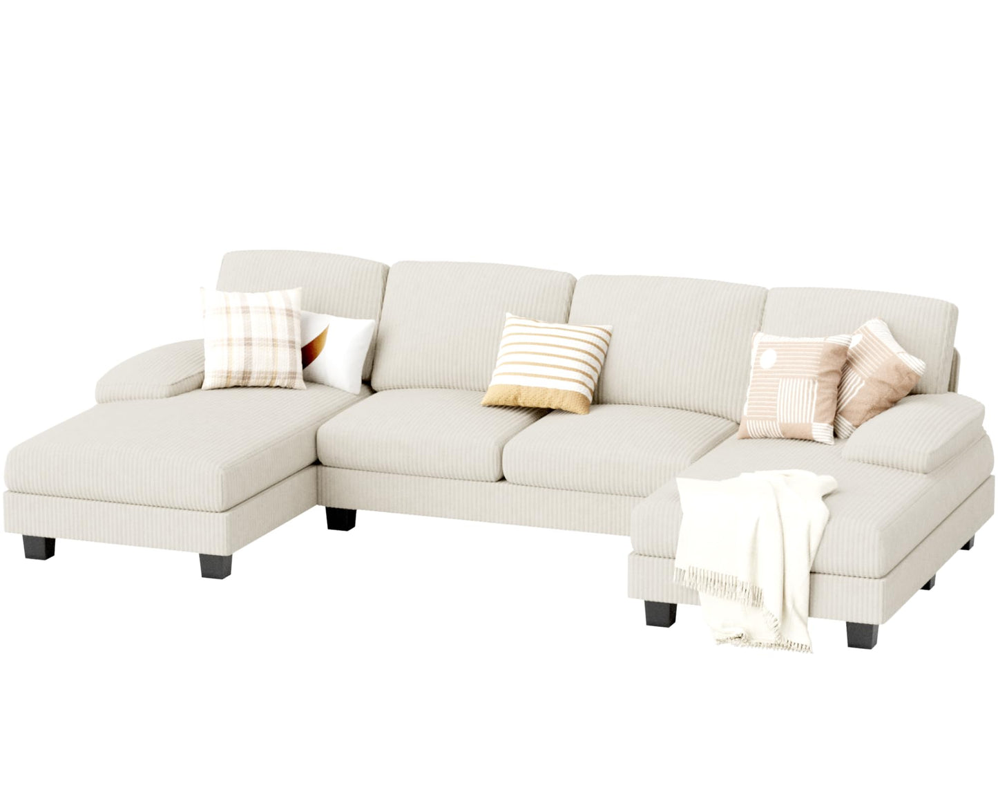 JUMMICO Sectional Couches for Living Room, U Shaped Couch with Chenille Fabric, 4 Seat Modern Sofa with Removable Pillows for Apartment and Small Space (Corduroy, Beige)