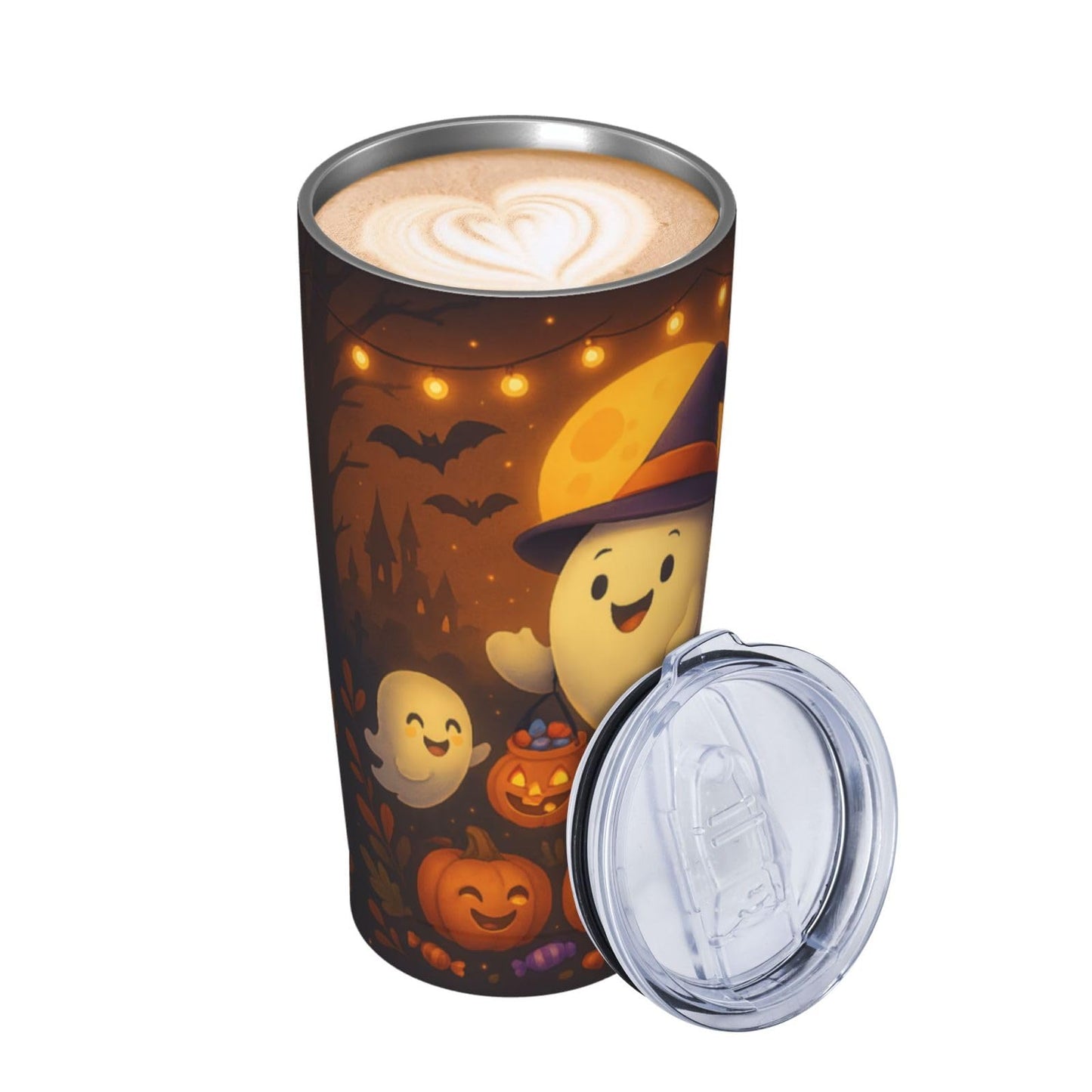 Halloween Tumbler 20 oz - Cute Ghost & Pumpkin Stainless Steel Insulated Cup with Lid & Straw, Double Wall Vacuum Travel Mug, Spooky Halloween Gifts for Women, Teens, Kids - Fall Autumn Decor
