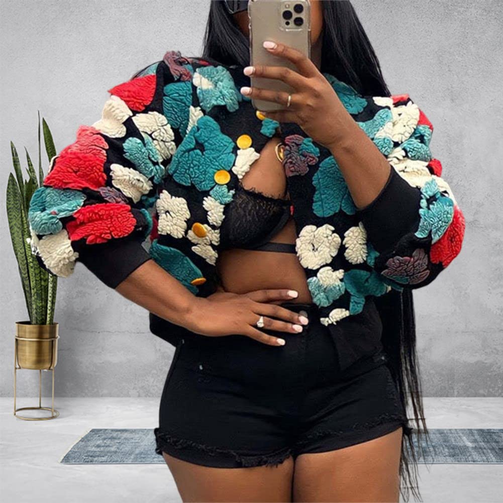 HOULENGS Women's Cropped Floral Print Fleece Bomber Jacket Casual Puff Sleeve Button Down Coats Winter Warm Outerwears