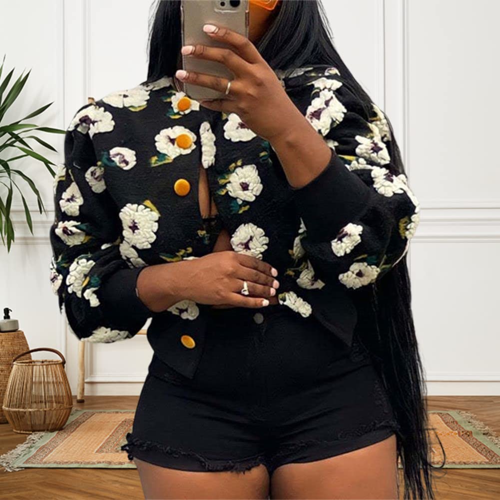 HOULENGS Women's Cropped Floral Print Fleece Bomber Jacket Casual Puff Sleeve Button Down Coats Winter Warm Outerwears