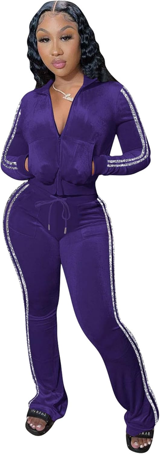 yidengymx Womens 2 Piece Velour Tracksuit Two Piece Outfits for Women Long Sleeve Zip Up Crop Tops Sweatpants Sets Pockets
