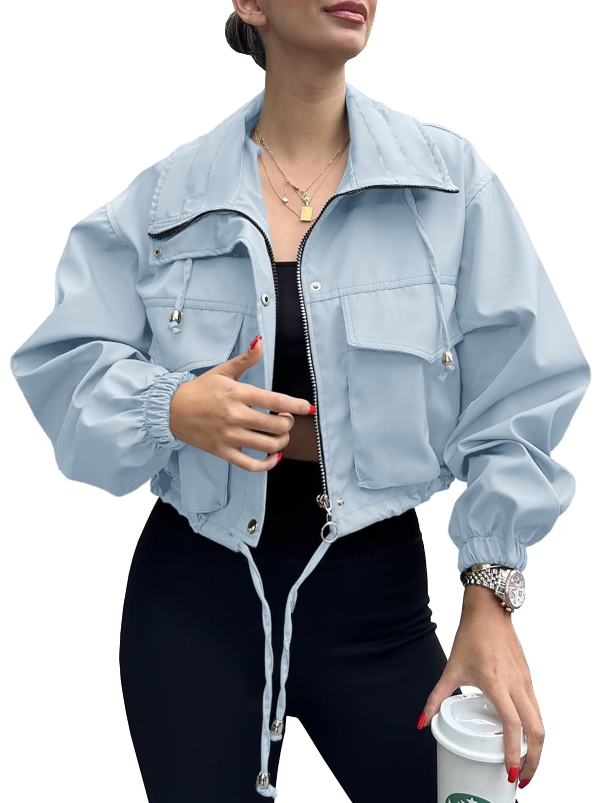 Tankaneo Womens Cropped Jacket Zip Up Lightweight Oversized Utility Anorak