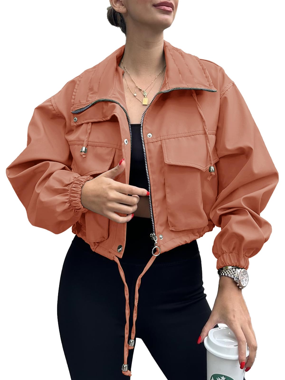 Tankaneo Womens Cropped Jacket Zip Up Lightweight Oversized Utility Anorak