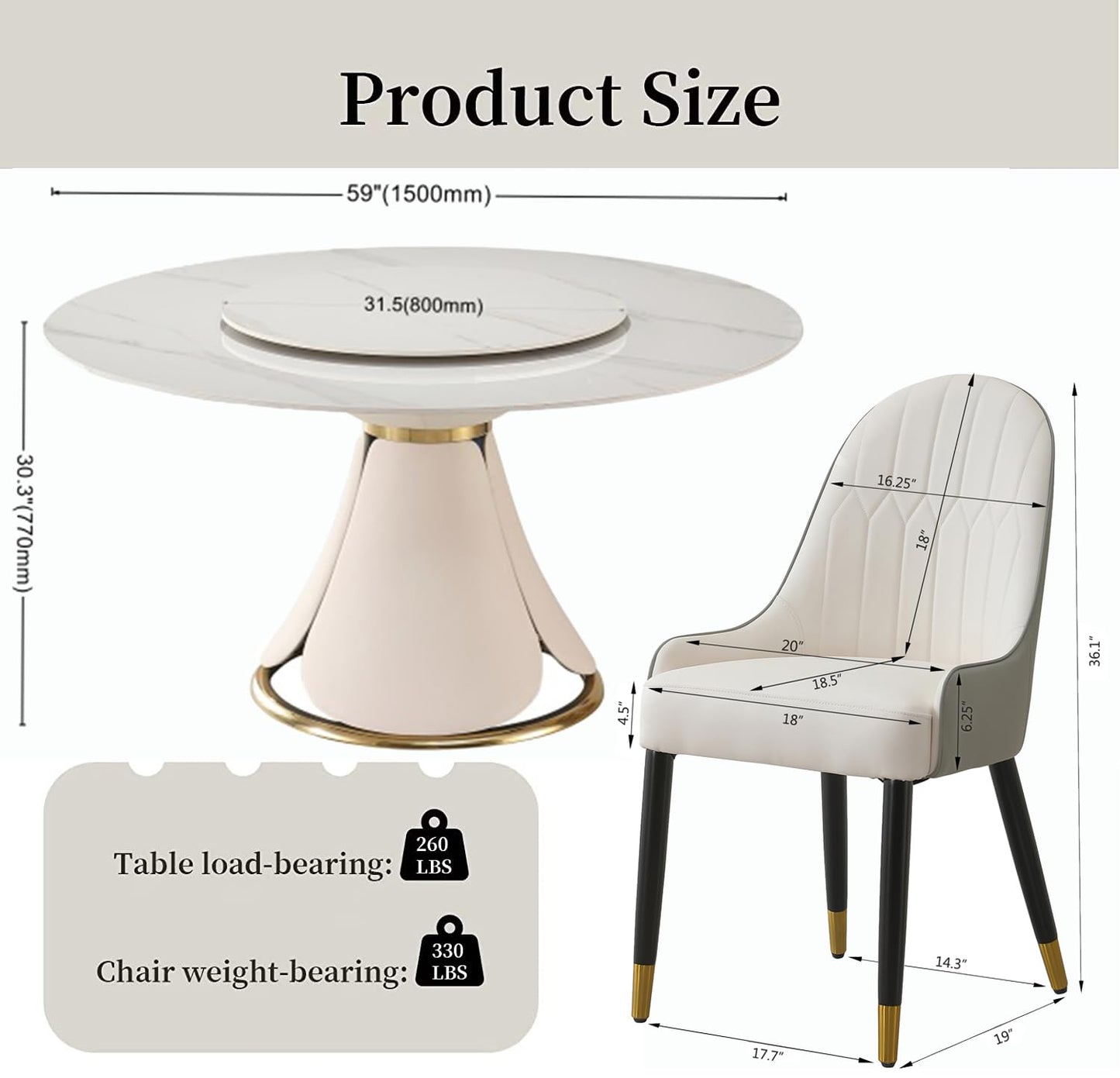 59" Round Dining Table Set for 8 with Lazy Susan Modern Sintered Stone 9 Pieces Dining Room Table Set with 8 Chairs and 31.5" Round Turntable